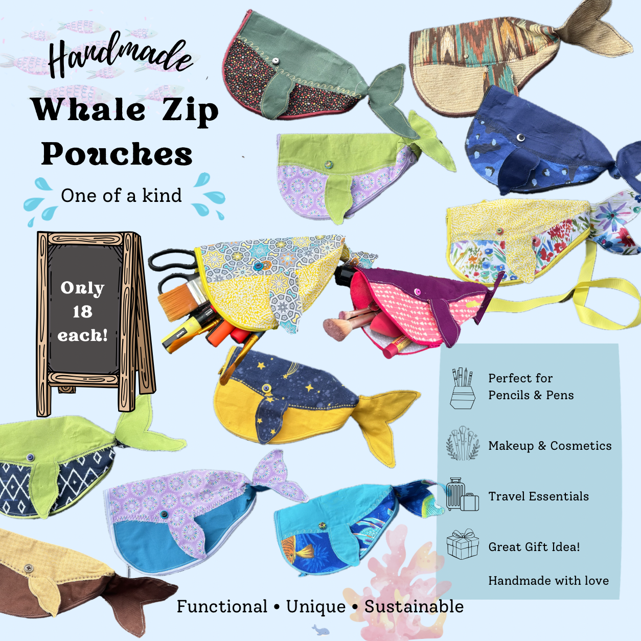 Handmade Patchwork Whale zip pouches