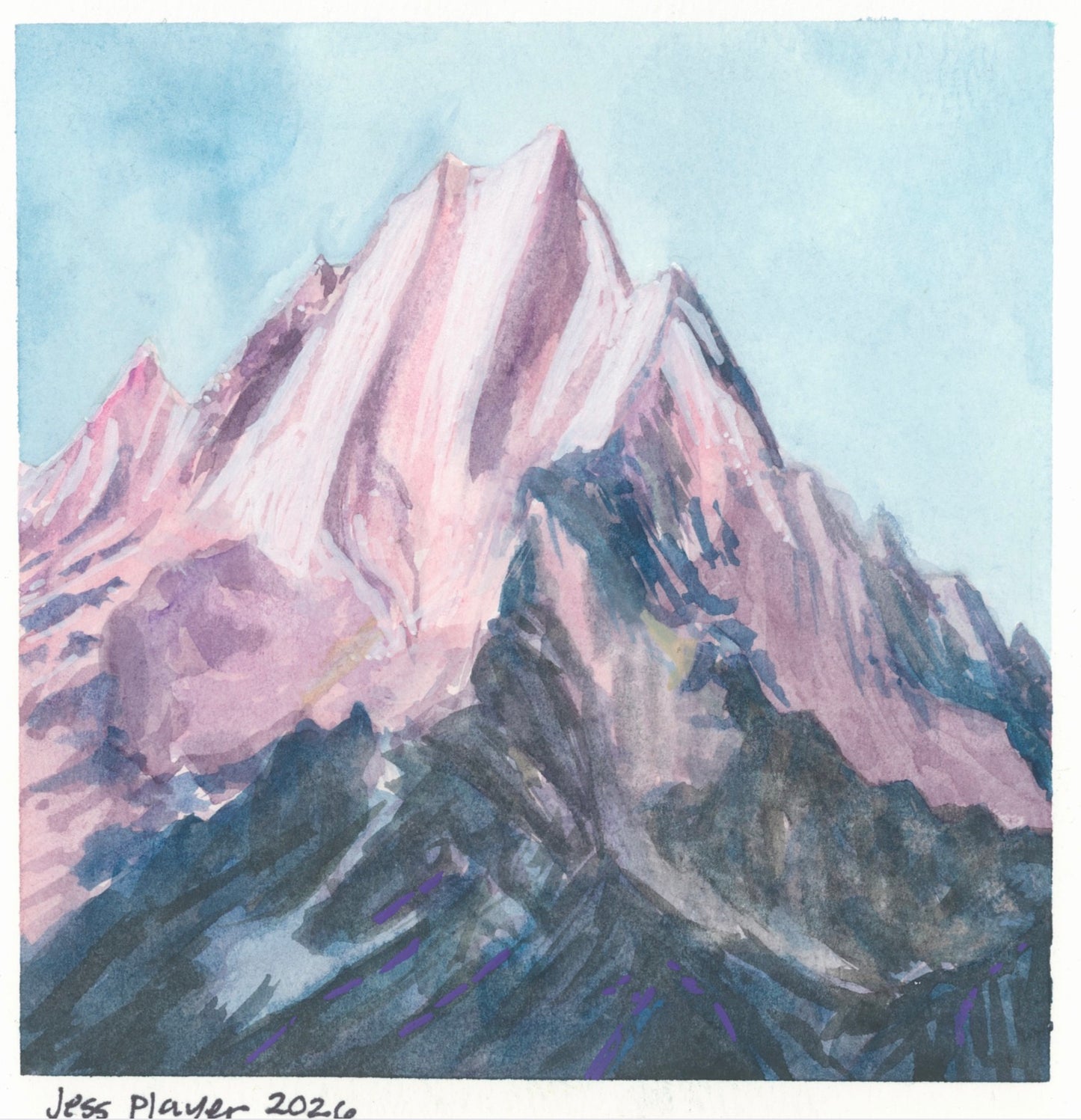 Alpenglow Peaks, Watercolor - Original, Prints (6"x6")