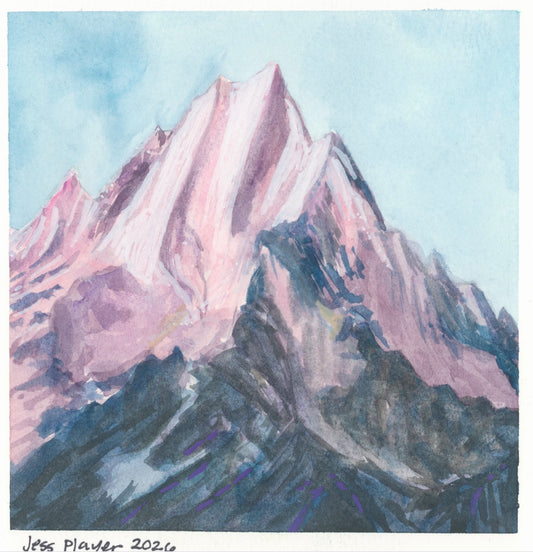 Alpenglow Peaks, Watercolor - Original, Prints (6"x6")