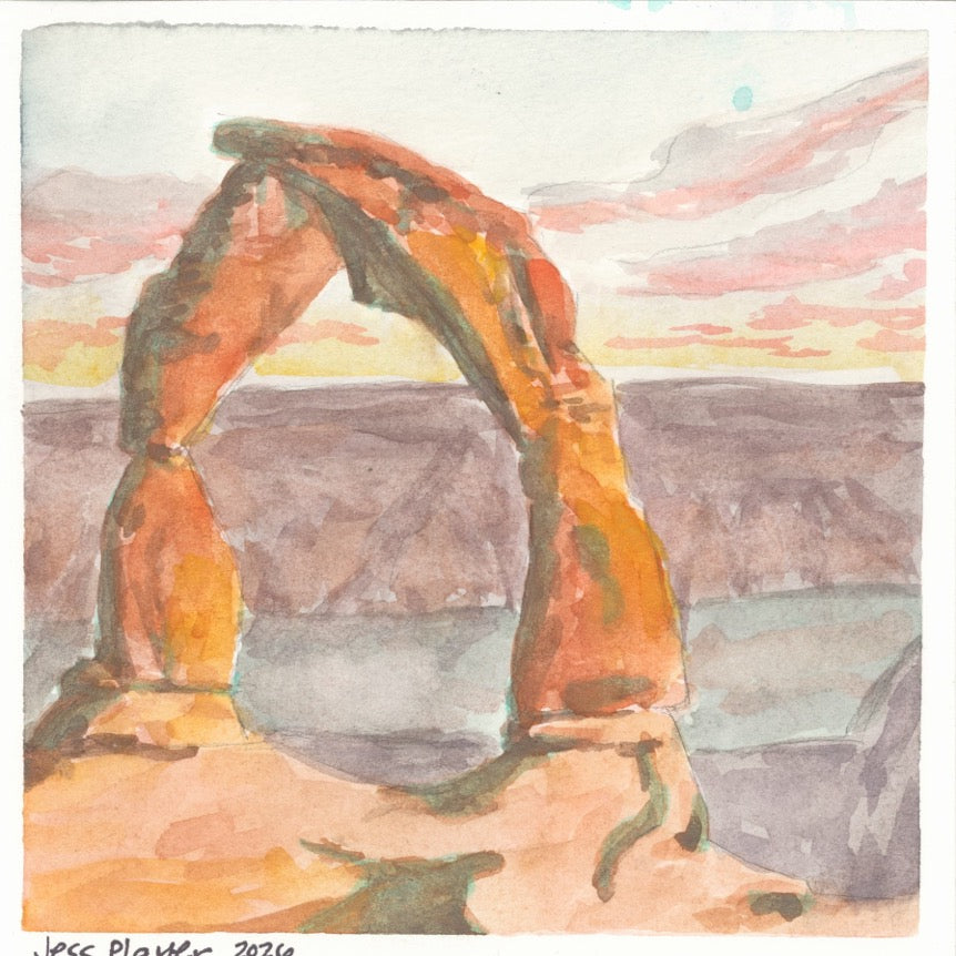 Sunrise on Delicate Arch, Watercolor Painting - Original, Prints (6"x6")